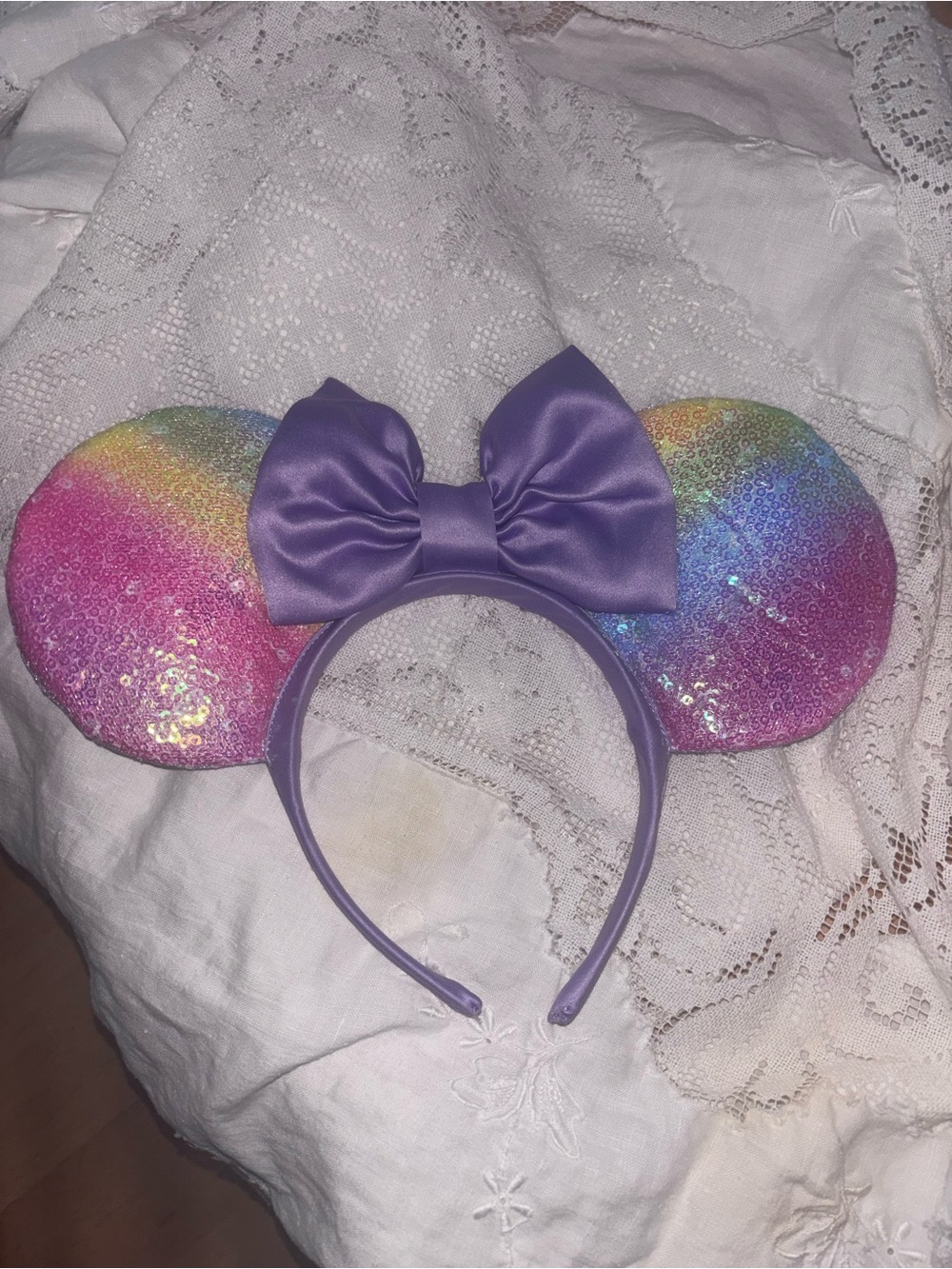 Kids Rainbow Sequin Mouse Ear Headband with Purple Bow